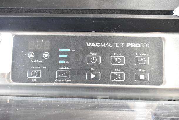 2016 VacMaster Pro350 vacuum sealer control panel, stainless steel, buttons for power, pulse, seal, stop, adjustable settings.