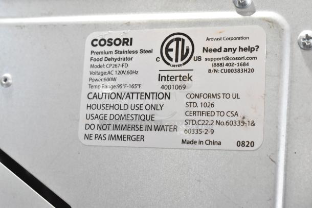 2020 Cosori CP267-FD food dehydrator, stainless steel, 120V, 600W, temp 95°F-165°F, Intertek certified.