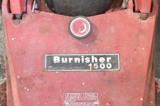 Clarke Burnisher 1500DCR, red floor cleaning machine, visible label indicating model and safety warnings, shows wear.