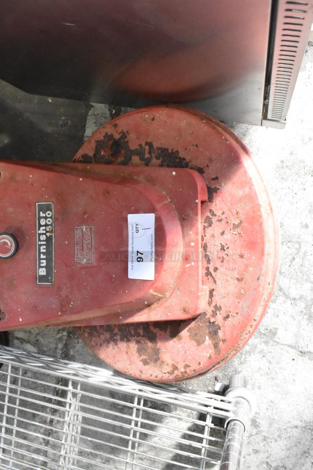Clarke Burnisher 1500DCR floor cleaning machine, red, visible wear, label shows lot 97, 115V, 1 Phase power.