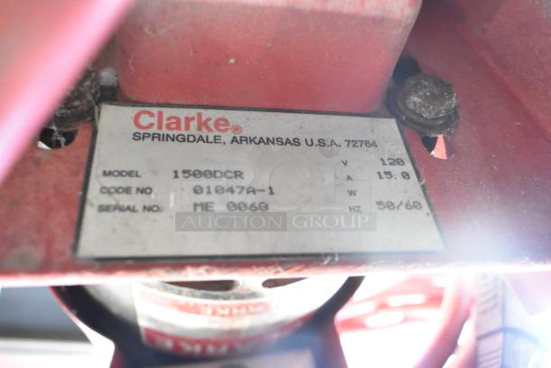 Clarke Burnisher 1500DCR label showing model, code 01047A-1, serial ME 0068. Operates at 115 volts, 1 phase.