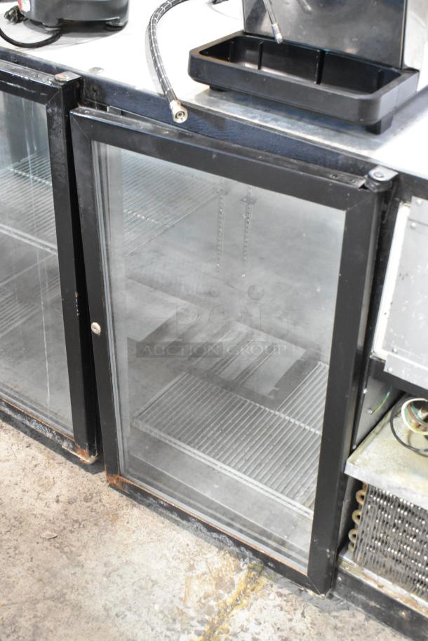 Beverage Air BB72G commercial back bar cooler with 3 glass doors, metal body. 115 volts, 1 phase. Visible shelving inside.