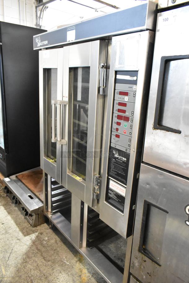 Baxter stainless steel commercial mini rotating rack oven, natural gas powered, with double pan rack and casters.