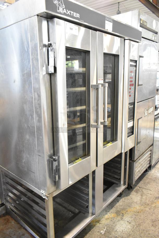 Baxter stainless steel commercial mini rack oven, natural gas, double pan rack, commercial casters, used condition.