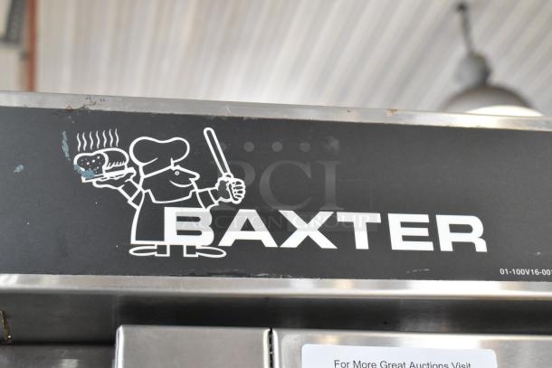 Baxter stainless steel mini rotating rack oven with double pan rack and commercial casters; logo displayed prominently.