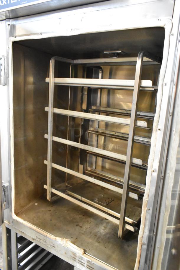 Baxter stainless steel mini rotating rack oven, natural gas powered, with double pan rack and commercial casters.