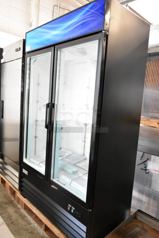 BRAND NEW Avantco 178GDC40HCB 48" black swing glass door merchandiser fridge with LED lighting, customizable exterior, 115V.