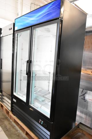 BRAND NEW Avantco 178GDC40HCB 48" black swing glass door merchandiser fridge with LED lighting, customizable exterior, 115V.
