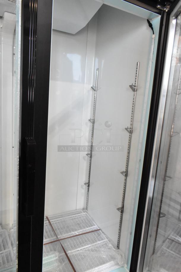 Brand new Avantco 178GDC40HCB 48" swing glass door merchandiser fridge, customizable, LED lighting, 115V, 1 phase, scratch and dent condition.