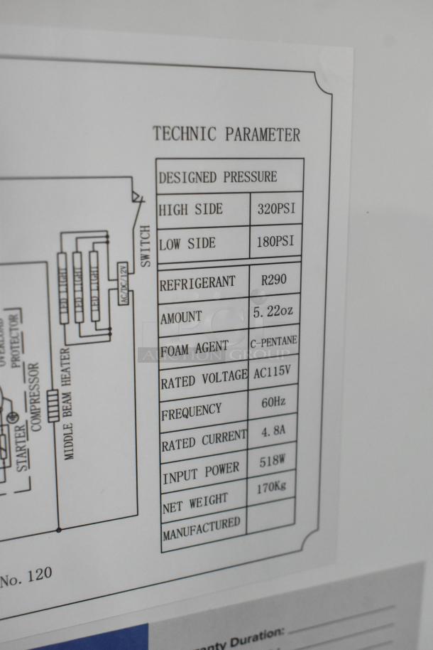 Label for Avantco 178GDC40HCB fridge. Specs: 115V, R290 refrigerant, 170kg weight, 518W power.