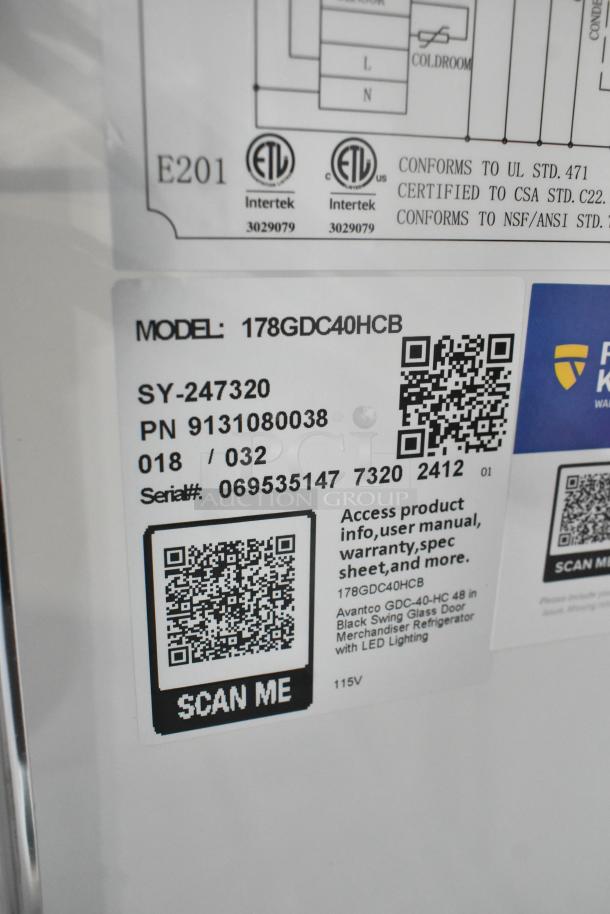 Alt text: Avantco 178GDC40HCB label detail showing model, serial number, certifications, and QR code for product info.
