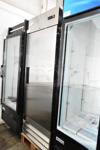 Brand new Avantco 178A19RHC stainless steel single-door cooler, 2025 model, with poly-coated racks, 115V, minor scratches.