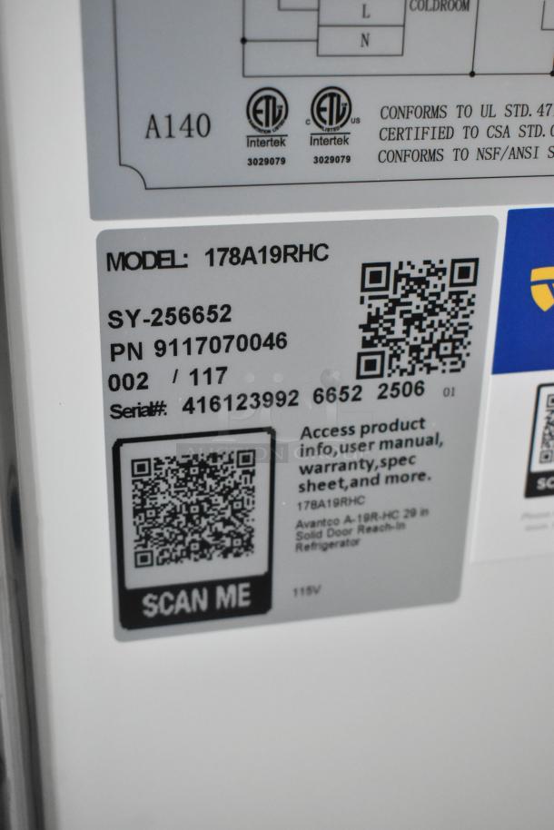 Avantco 178A19RHC stainless steel cooler, new scratch and dent. Label shows model number, serial number, and QR code for details.