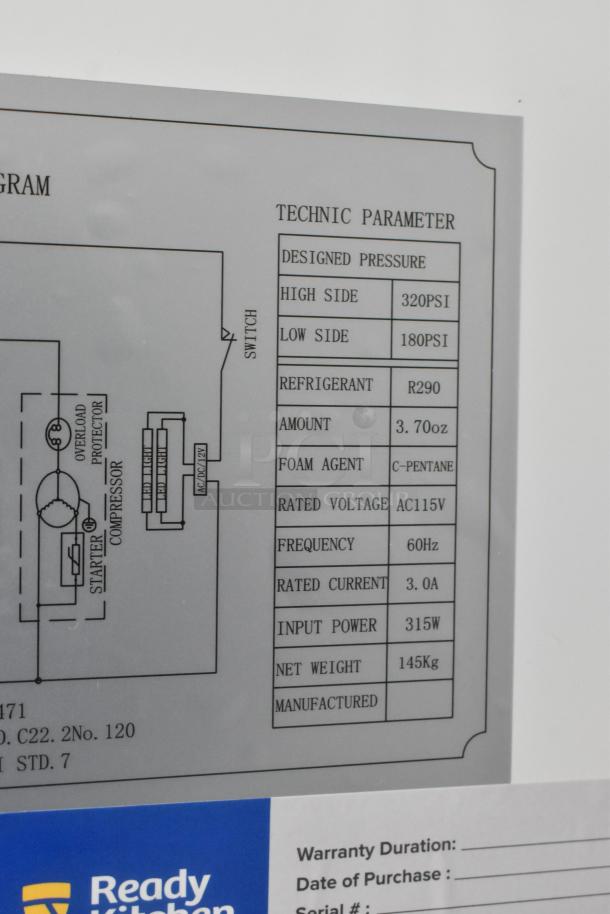 Alt text: Warranty and technical specification labels on a 2025 Avantco 178GDC23HCB cooler, showing voltage, power, and refrigerant details.