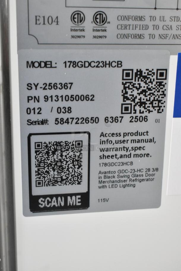 "Avantco 178GDC23HCB reach-in cooler label showing model, QR code, and product info. 115V, ETL certified."