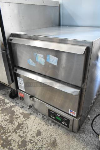 2022 Winston HBB5D2GE CVap stainless steel 2-drawer warming drawer, 120 volts, commercial-grade, visible wear, labeled "Made in USA."