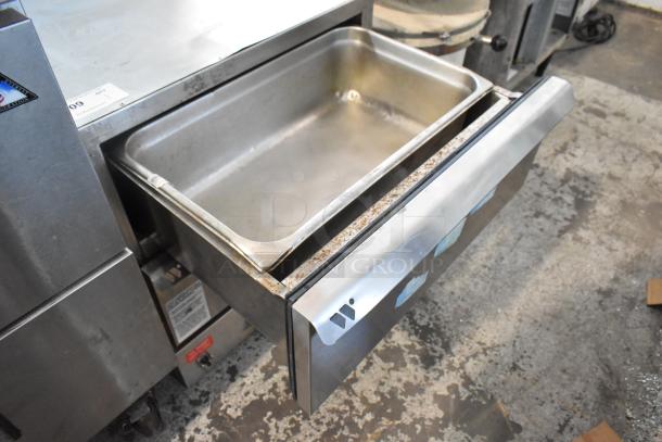 2022 Winston HBB5D2GE CVap stainless steel 2-drawer warming drawer, 120 Volts, visible wear, commercial kitchen equipment.