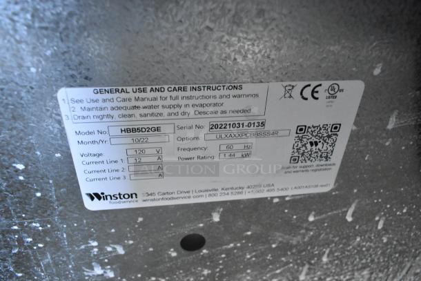 2022 Winston HBB5D2GE CVap Stainless Steel 2-Drawer Warming Drawer, 120V, 1 Phase, commercial use, label details visible.