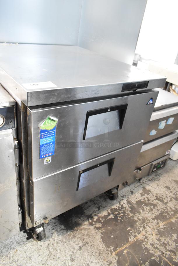 Everest stainless steel 2-drawer undercounter cooler with commercial casters. Eco-friendly label visible. 115V, 1 Phase.