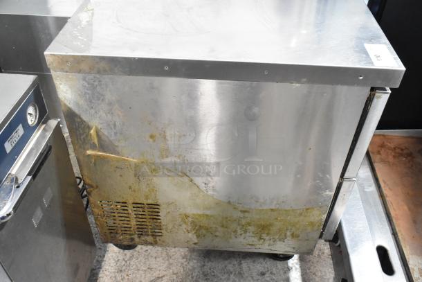 Everest stainless steel 2-drawer undercounter cooler on casters, 115V, 1 phase. Visible wear and grime, requires cleaning.