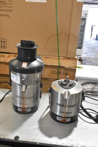 Two Robot Coupe J 80 Ultra Citrus Juicers; one missing top. 120 volts, 1 phase. Visible labels and branding.