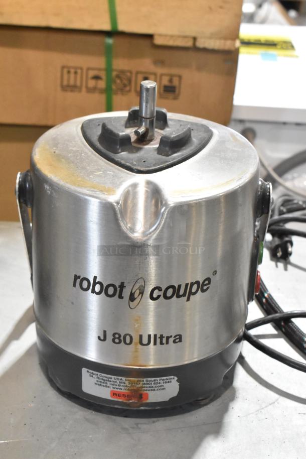 Robot Coupe J 80 Ultra citrus juicer base, missing top, 120V. Brushed metal with brand marking, fair condition.