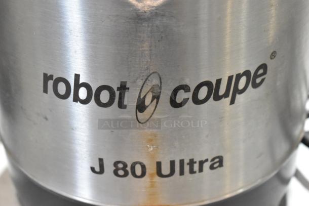 Robot Coupe J 80 Ultra citrus juicer, brushed steel, 120 volts, 1 missing top, brand logo visible.