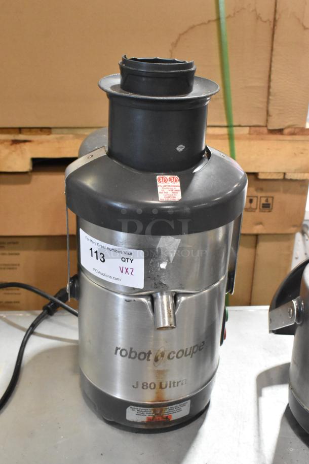 Robot Coupe J 80 Ultra Citrus Juicer, one missing top, 120 volts, used condition, auction lot 113.