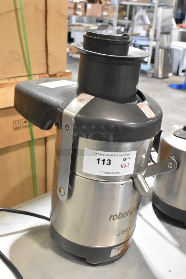 Robot Coupe J80 Ultra citrus juicer, stainless steel, 120 volts, 1 missing top, visible auction label #113.