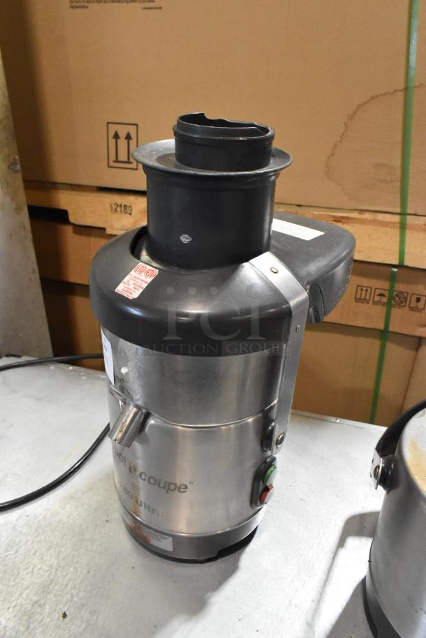 Two Robot Coupe J 80 Ultra citrus juicers, one missing top. Stainless steel body, 120V, 1 phase. Visible control buttons.