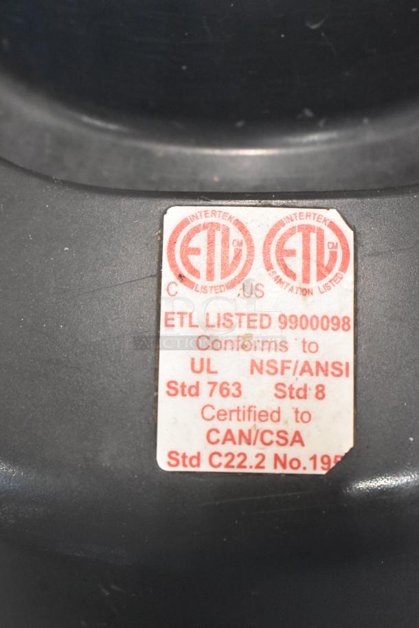Tag on Robot Coupe J 80 Ultra Citrus Juicer; ETL listed, conforms to UL NSF/ANSI standards, missing top. 120V, 1 phase.