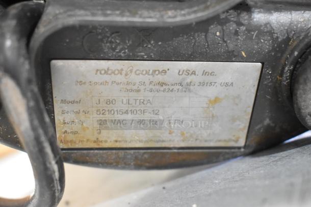 Label on Robot Coupe J 80 Ultra Citrus Juicer. Model J 80 Ultra, 120V, 1 Phase. Serial 5210154103F-12.