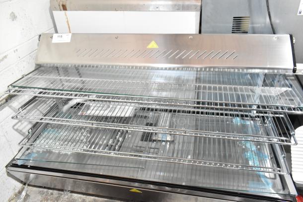 Brand new ServIt 423HDM48SA 48" heated display case; three shelves, sliding doors, broken glass visible, 120V, 1 Phase.