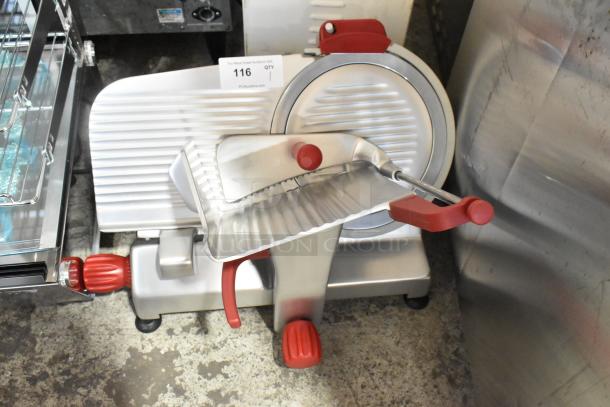 Brand new Berkel B12-SLC 12" meat slicer, with blade sharpener, in metal. Scratch and dent condition. 115V, 1 Phase.
