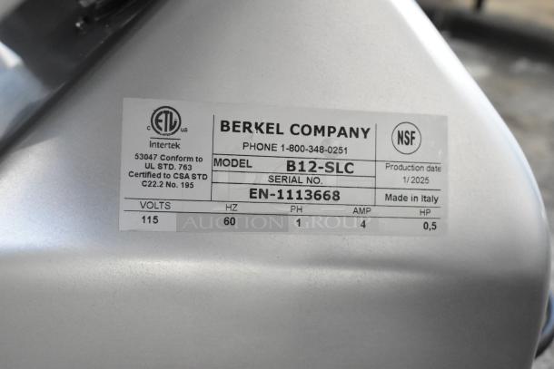 Berkel B12-SLC metal meat slicer label showing model, serial number, and electrical specs. Made in Italy.