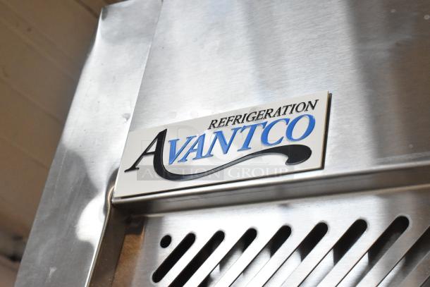 Alt text: "Avantco 178Z2FHC stainless steel commercial freezer with branding label. 2024 model, featuring 2 doors and poly-coated racks."
