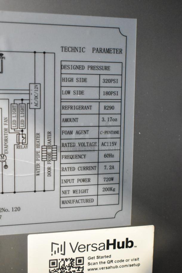 Label on Avantco 178Z2FHC freezer shows designed pressure, refrigerant type, voltage, and other technical specs.