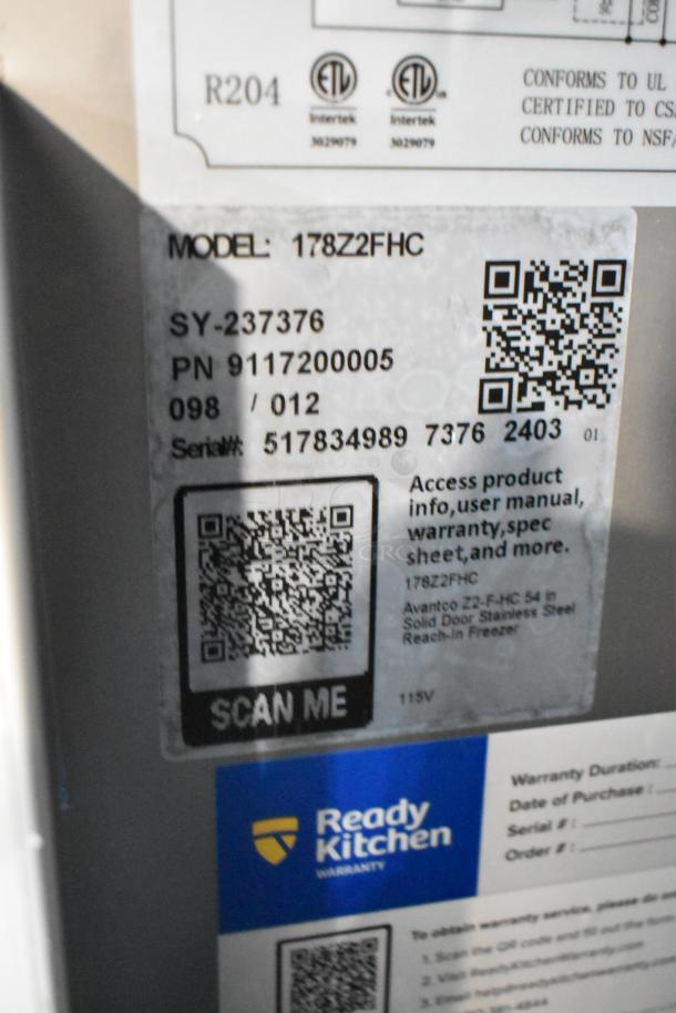 BRAND NEW SCRATCH AND DENT! 2024 Avantco 178Z2FHC 2 Door Stainless Steel Freezer. 115V, with poly coated racks. Markings: Model & Serial numbers with QR codes for product info and Ready Kitchen warranty label.