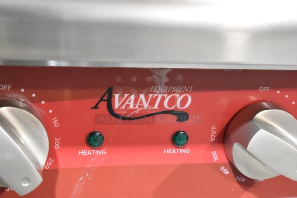 Brand new Avantco 177EG48N electric griddle, 48" stainless steel, 208/240V, 1 phase. Slight scratches, heating controls shown.