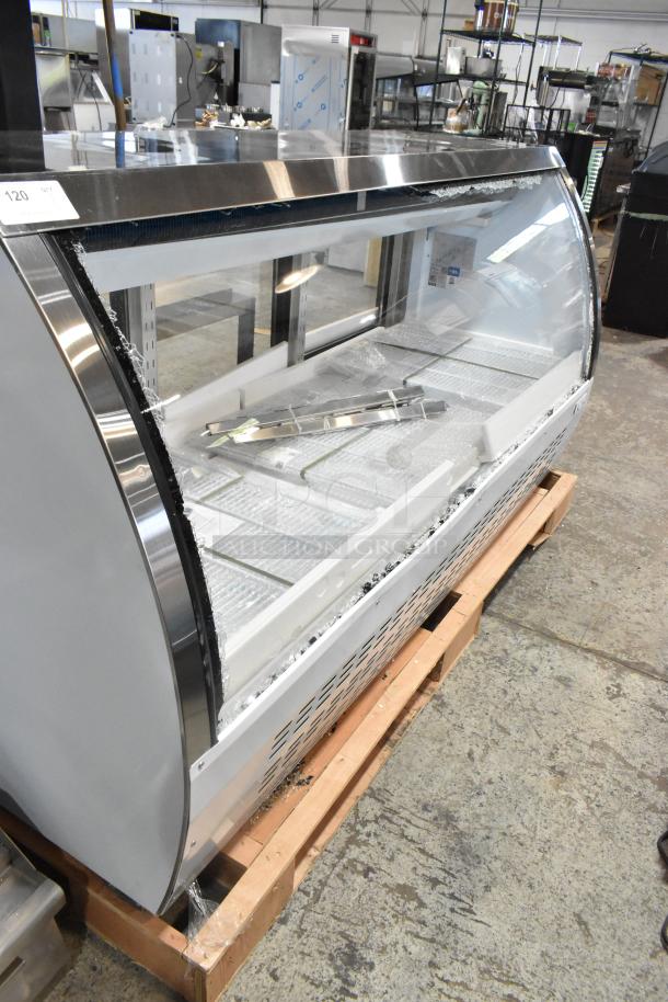 BRAND NEW Avantco 178DLC82HCW 82" deli case, white curved glass, 115V, 1 phase. Scratch and dent, glass damage visible.