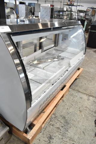 BRAND NEW Avantco 178DLC82HCW 82" deli case, white curved glass, 115V, 1 phase. Scratch and dent, glass damage visible.