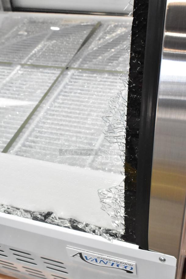 Brand new Avantco 178DLC82HCW refrigerated deli case with cracked curved glass. White finish, 82", 115V, 1 phase.