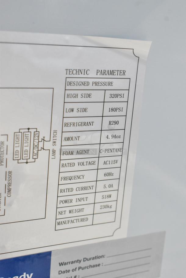 Label on Avantco 178DLC82HCW deli case, detailing technical specs: 115V, 1 phase, 320PSI high side, R290 refrigerant.
