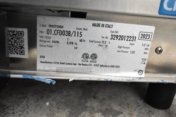 2023 Crathco FROSTY3NEW Slushie Machine label detailing specs: 115V, 1 Phase, R449A refrigerant, made in Italy.