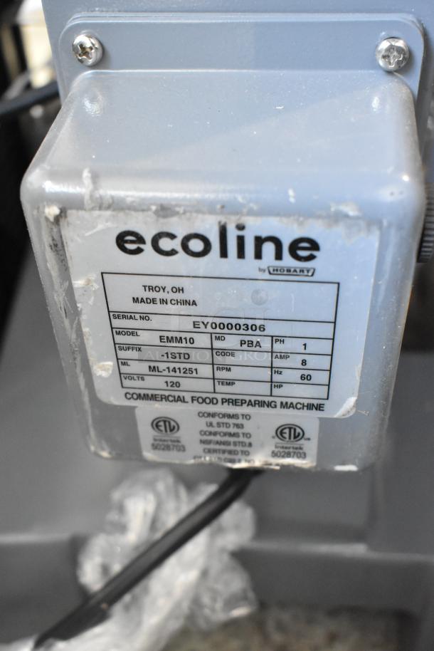 New 2024 Hobart Ecoline EMM10 mixer label, showing model, serial number EY0000306, 120V, PBA code. Scratch and dent condition.