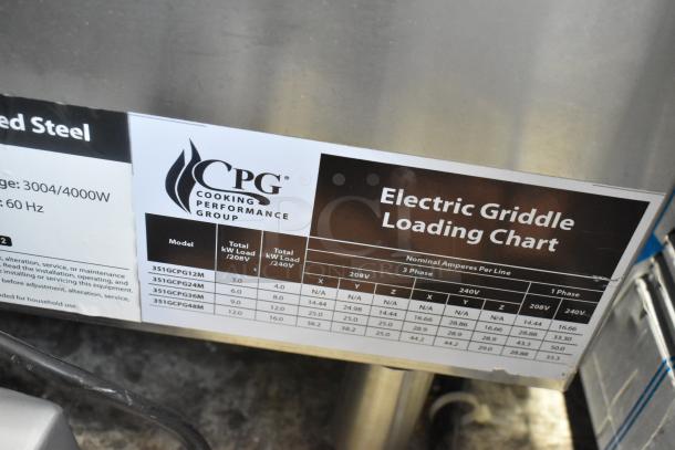 BRAND NEW Cooking Performance Group 12" Electric Griddle Model 351GCPG12M, 208/240V, 1 Phase, scratch and dent condition.