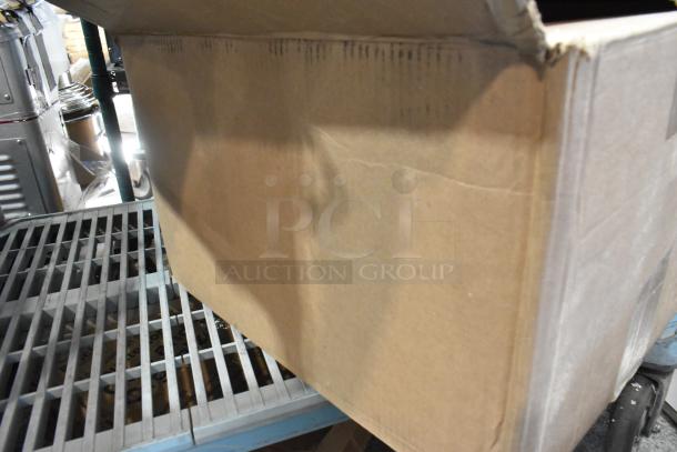 Box of new Menu Solutions wooden countertop menu holders, scratch and dent condition. Box slightly open.