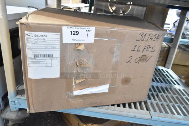 Box labeled "Menu Solutions" containing new wooden countertop menu holders, 16 pieces, some box damage visible.