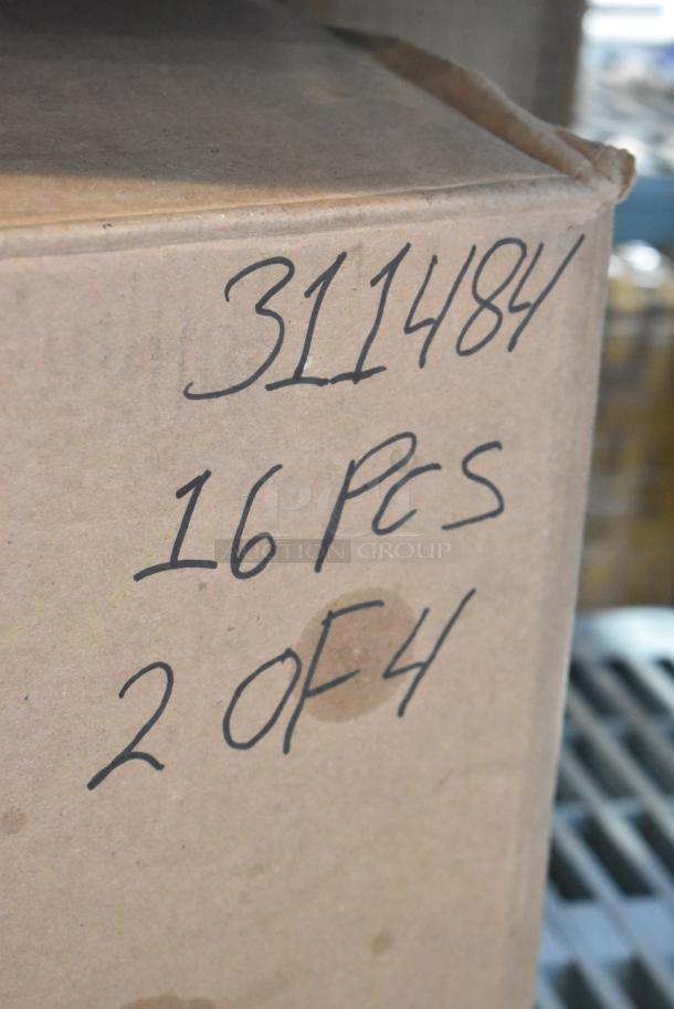 Box of 16 wooden countertop menu holders. Label reads "311484, 16 PCS, 2 OF 4." Brand new, minor scratches.