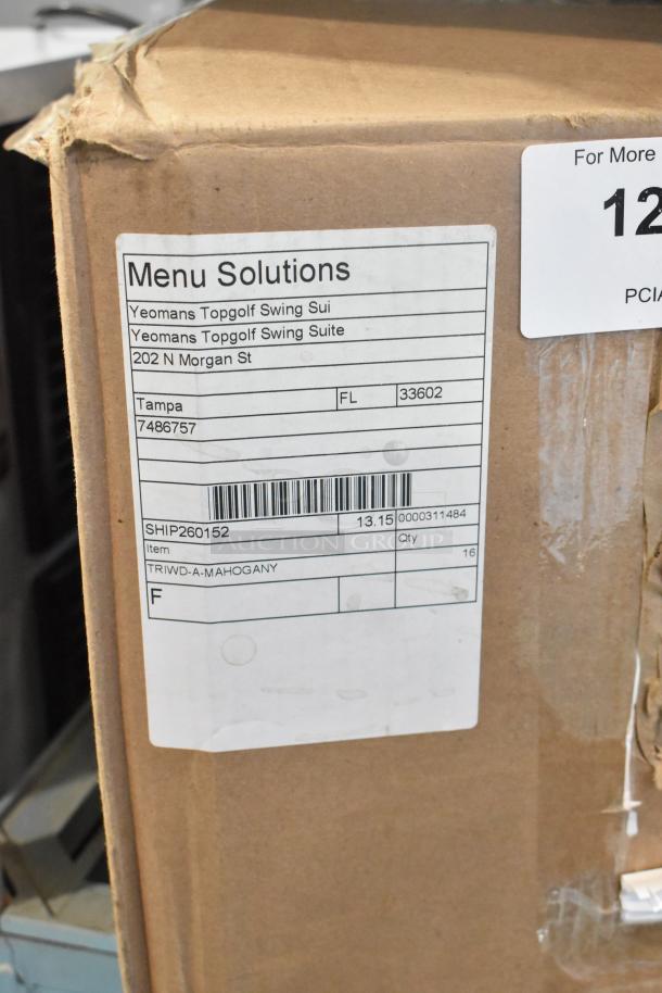 Box of Menu Solutions wooden countertop menu holders, brand new with scratches and dents, includes 16 units, TRIWD-A-MAHOGANY label.